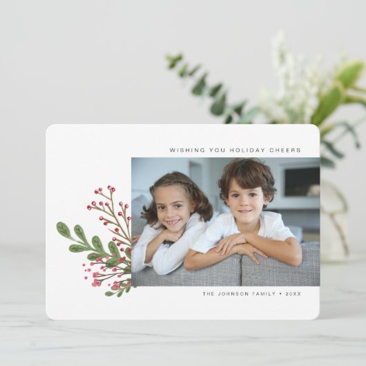 Whimsical Modern Winter Greenery 3 Foto Feestdagenkaart (Staand voorkant)