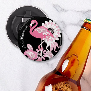 Whimsical Modern Zwart Roze Flamingo Button Flesopener