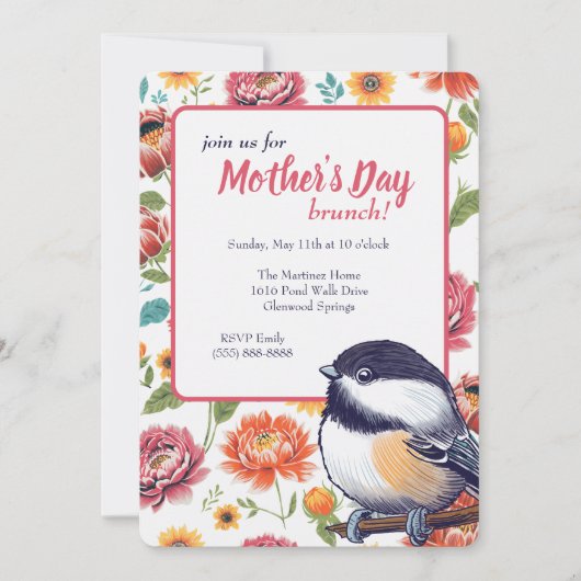 Whimsical Moederdag Brunch Chickadee Uitnodiging (Voorkant)