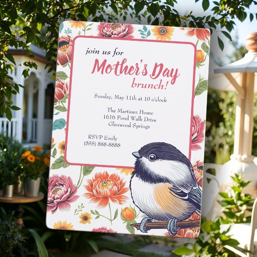 Whimsical Moederdag Brunch Chickadee Uitnodiging