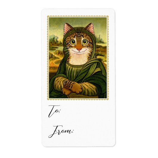 Whimsical Mona Lisa Kat Cadeau Sticker Label (Voorkant)