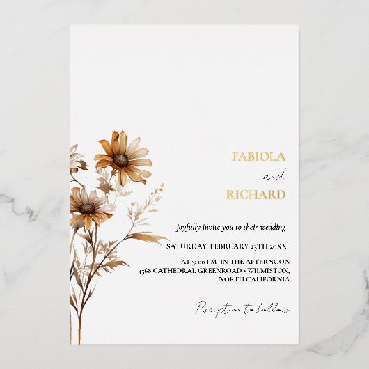 Whimsical Monogram Foto Wildflower Bruiloft Folie Uitnodiging (Voorkant)