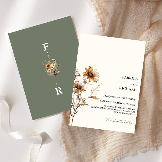 Whimsical Monogram Ivoor Groene Wildflower Bruilof Kaart