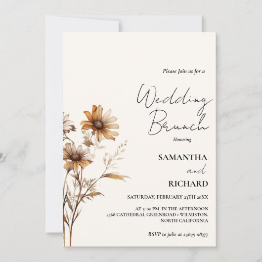 Whimsical Monogram Zwart Wildflower Bruiloft Kaart (Voorkant)