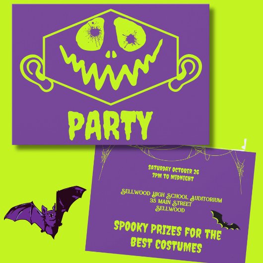 Whimsical Monster Face Faux Neon Halloween Party Kaart