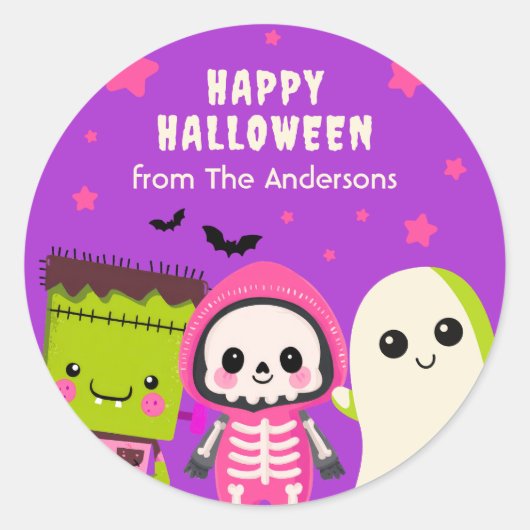 Whimsical Monster Mash Happy Halloween Paarse Ronde Sticker (Voorkant)