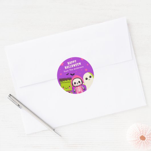 Whimsical Monster Mash Happy Halloween Paarse Ronde Sticker (Envelop)