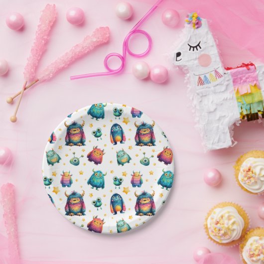 Whimsical Monster Pattern Kinderen verjaardagsfees Papieren Bordje (Feest)