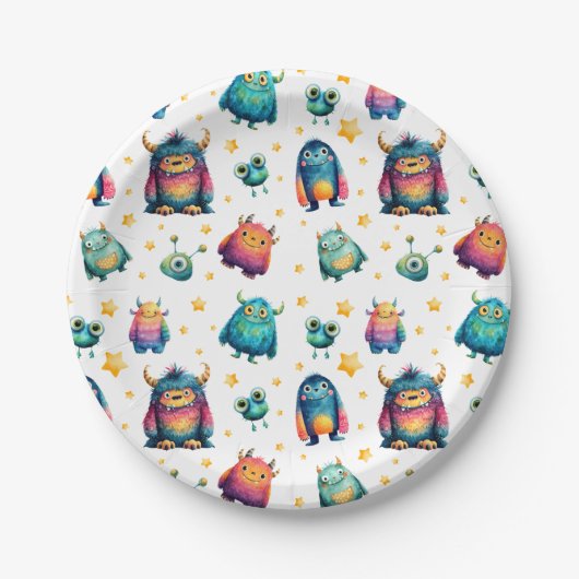 Whimsical Monster Pattern Kinderen verjaardagsfees Papieren Bordje (Voorkant)