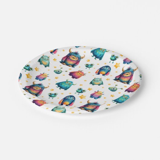 Whimsical Monster Pattern Kinderen verjaardagsfees Papieren Bordje (Gekanteld)