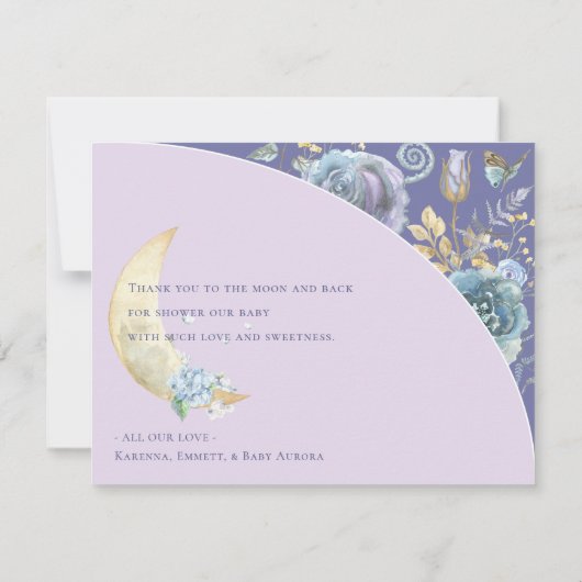 Whimsical Moon Lavendel Paarse Baby Shower Bedankkaart (Achterkant)
