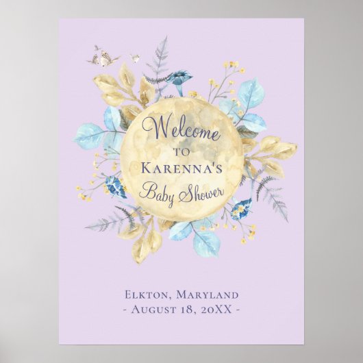 Whimsical Moon Lavender Paarse Baby shower Welkom Poster (Voorkant)