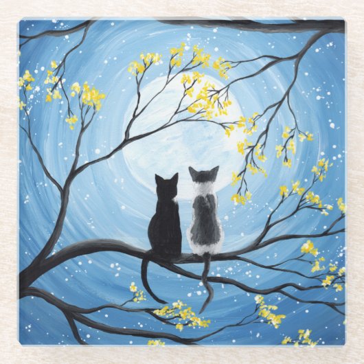 Whimsical Moon met katten Glazen Onderzetter (Voorkant)