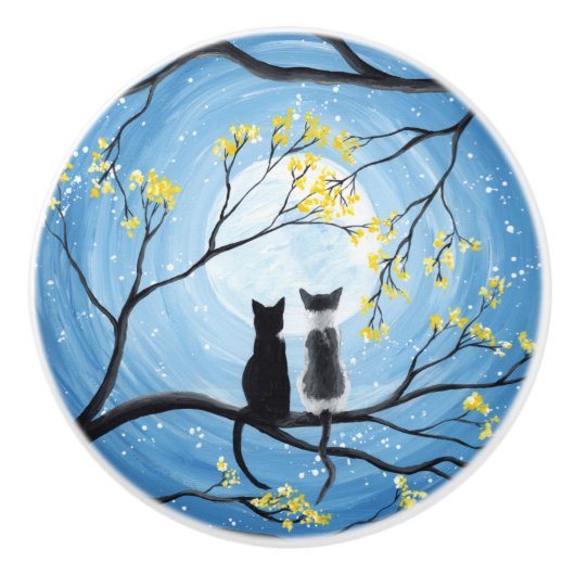 Whimsical Moon met katten Keramische Knop (Voorkant)