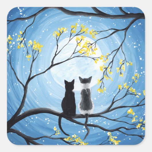 Whimsical Moon met katten Vierkante Sticker (Voorkant)