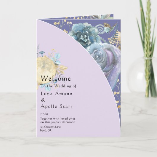 Whimsical Moon Paars Folded Wedding Program Programma (Voorkant)