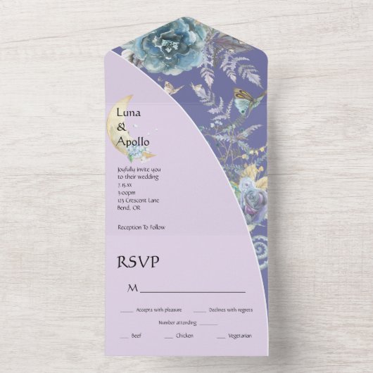 Whimsical Moon Paars Wedding All In One Uitnodiging (Binnen)