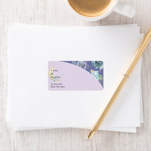 Whimsical Moon Paars Wedding Return Label (Insitu)