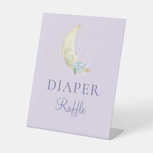 Whimsical Moon Paarse Baby shower Luier Raffle Reclamebord Met Voetstuk (Voorkant)