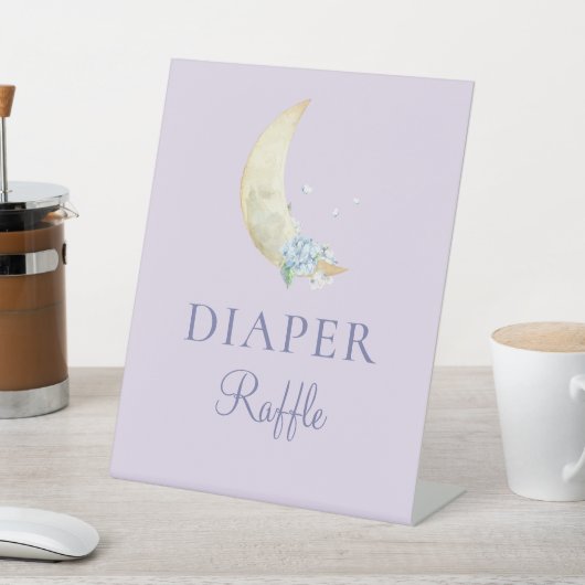 Whimsical Moon Paarse Baby shower Luier Raffle Reclamebord Met Voetstuk (Insitu)