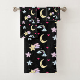 Whimsical Moon, Stars and Clouds Pattern on Black Bad Handdoek