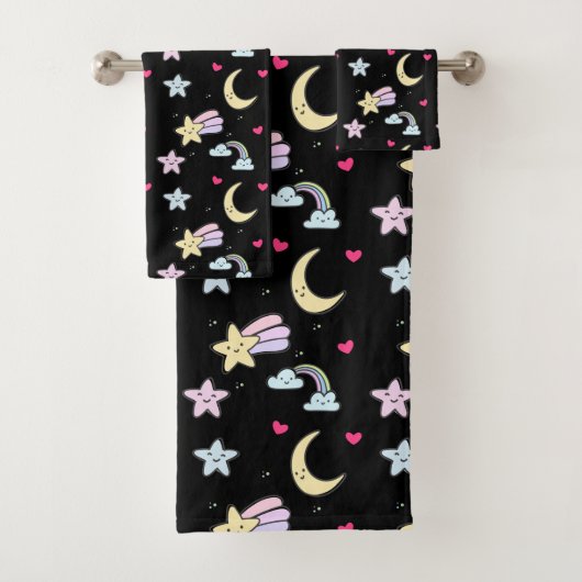 Whimsical Moon, Stars and Clouds Pattern on Black Bad Handdoek (Insitu)