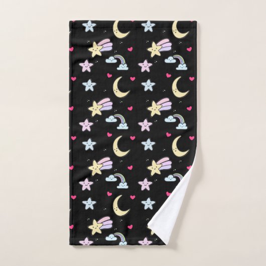 Whimsical Moon, Stars and Clouds Pattern on Black Bad Handdoek (Handdoek)