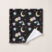 Whimsical Moon, Stars and Clouds Pattern on Black Bad Handdoek (Wasdoekje)
