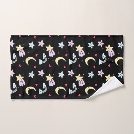 Whimsical Moon, Stars and Clouds Pattern on Black Bad Handdoek (Handdoek)