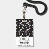 Whimsical Moon, Stars and Clouds Pattern on Black Badge (Voorzijde met lanyard)