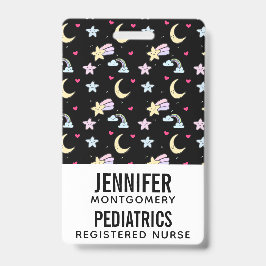 Whimsical Moon, Stars and Clouds Pattern on Black Badge
