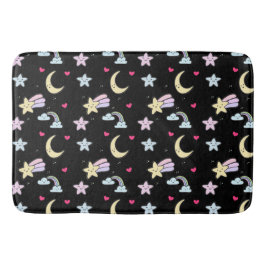 Whimsical Moon, Stars and Clouds Pattern on Black Badmat