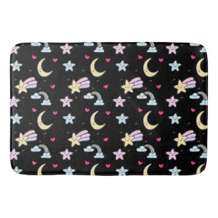 Whimsical Moon, Stars and Clouds Pattern on Black Badmat