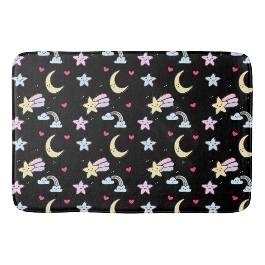 Whimsical Moon, Stars and Clouds Pattern on Black Badmat (Voorkant)