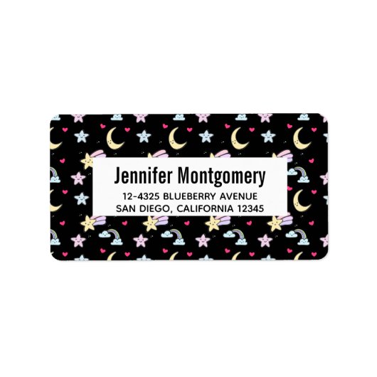 Whimsical Moon, Stars and Clouds Pattern on Black Etiket (Voorkant)