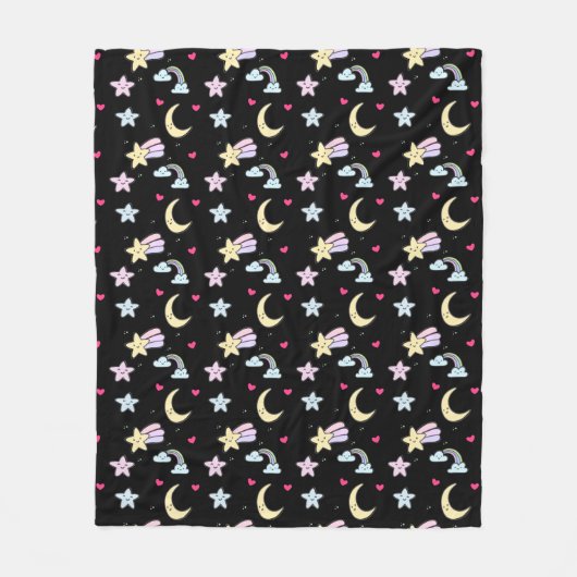 Whimsical Moon, Stars and Clouds Pattern on Black Fleece Deken (Voorkant)