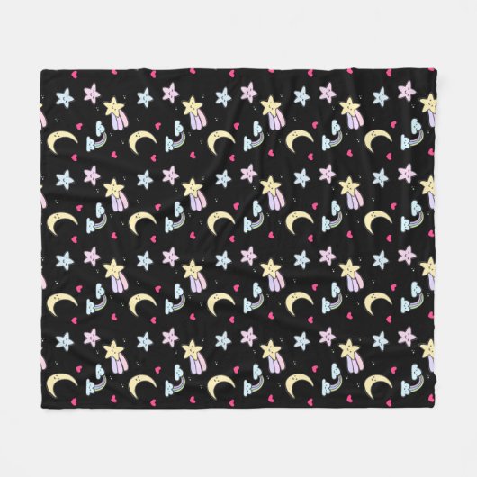 Whimsical Moon, Stars and Clouds Pattern on Black Fleece Deken (Voorkant (Horizontaal))
