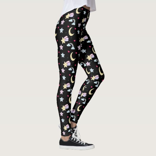 Whimsical Moon, Stars and Clouds Pattern on Black Leggings (Rechts)