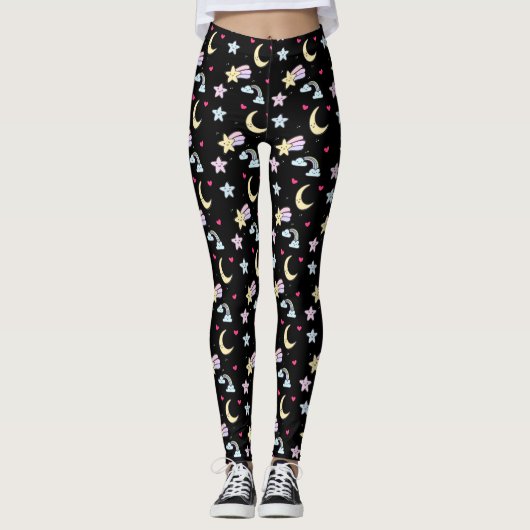 Whimsical Moon, Stars and Clouds Pattern on Black Leggings (Voorkant)