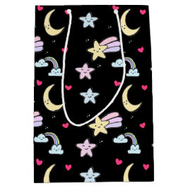 Whimsical Moon, Stars and Clouds Pattern on Black Medium Cadeauzakje