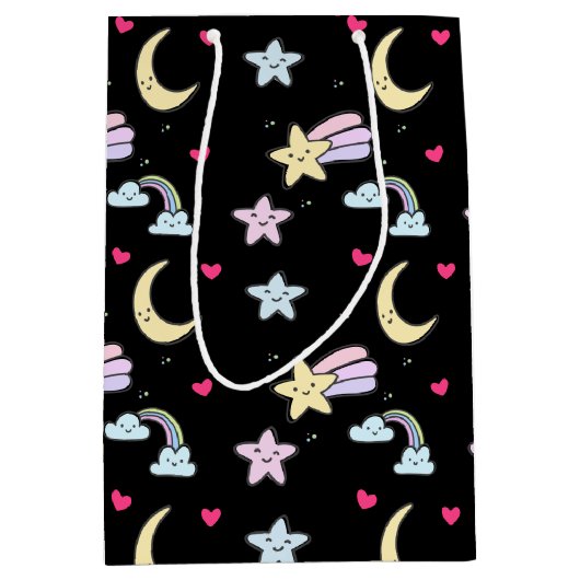 Whimsical Moon, Stars and Clouds Pattern on Black Medium Cadeauzakje (Voorkant)