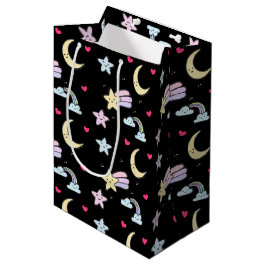 Whimsical Moon, Stars and Clouds Pattern on Black Medium Cadeauzakje