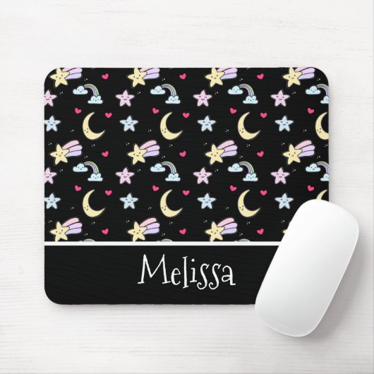 Whimsical Moon, Stars and Clouds Pattern on Black Muismat (Met muis)