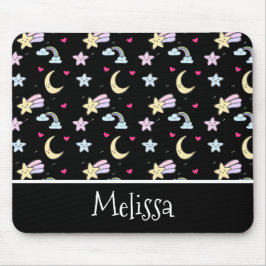 Whimsical Moon, Stars and Clouds Pattern on Black Muismat