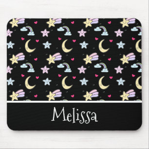 Whimsical Moon, Stars and Clouds Pattern on Black Muismat