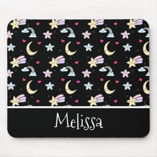Whimsical Moon, Stars and Clouds Pattern on Black Muismat (Voorkant)