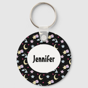 Whimsical Moon, Stars and Clouds Pattern on Black Sleutelhanger