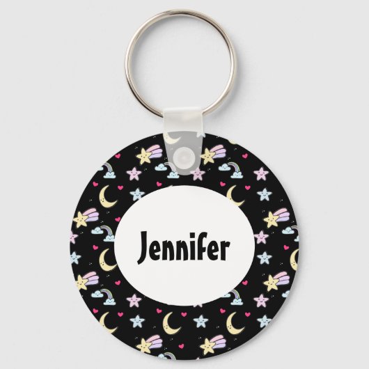 Whimsical Moon, Stars and Clouds Pattern on Black Sleutelhanger (Voorkant)