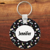 Whimsical Moon, Stars and Clouds Pattern on Black Sleutelhanger (Voorkant)