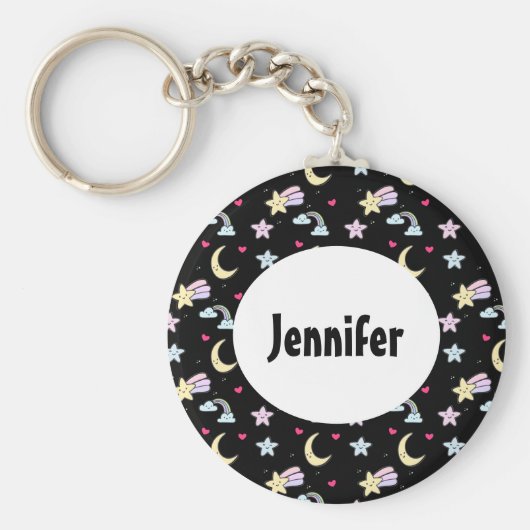 Whimsical Moon, Stars and Clouds Pattern on Black Sleutelhanger (Voorkant)